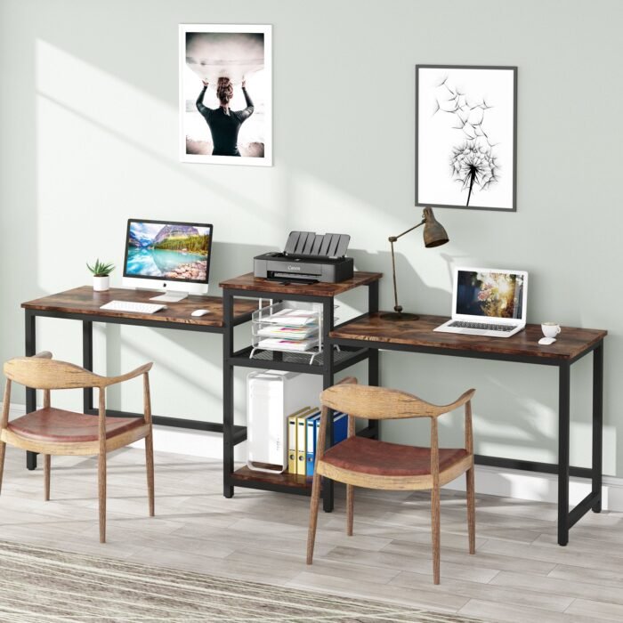 Two Person Desk, 96.9? Double Computer Desk with Storage Shelves - Image 4