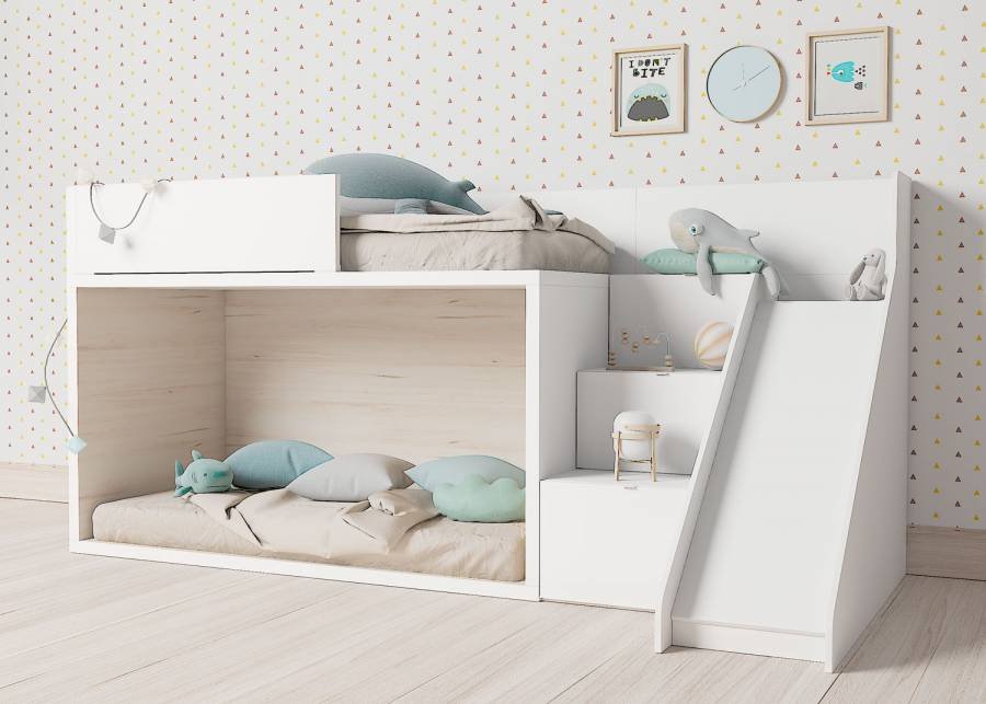 320-litera-a-ras-de-suelo-con-escalera-y-tobogan-de-almacenaje.jpg Floor-level bunk bed with ladder and storage slide - Image 1