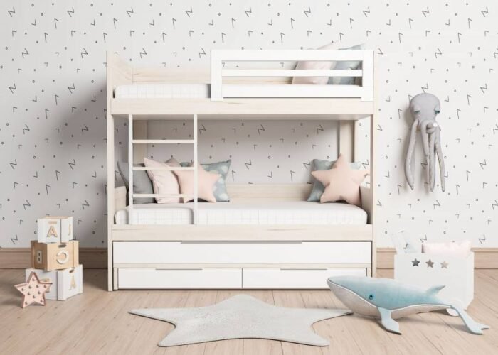 Children's bunk bed model, with sliding base and 2 drawers with wheels - Image 1