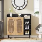 Shoe Cabinet, Rattan Shoe Storage Organizer with Doors & Open Shelves - Image 5