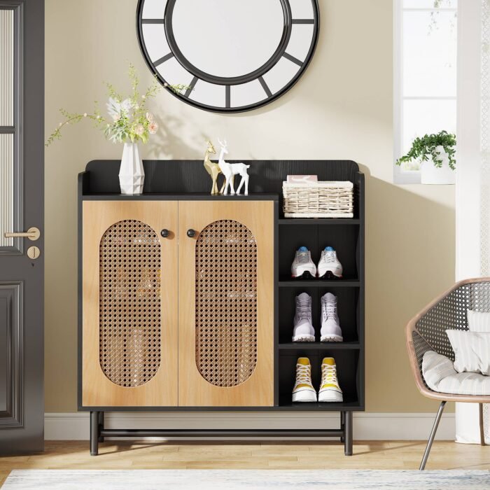 Shoe Cabinet, Rattan Shoe Storage Organizer with Doors & Open Shelves - Image 5