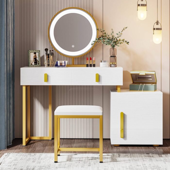 Vanity, Makeup Dressing Table with 3-Color Touch Screen Lighted Mirror - Image 1