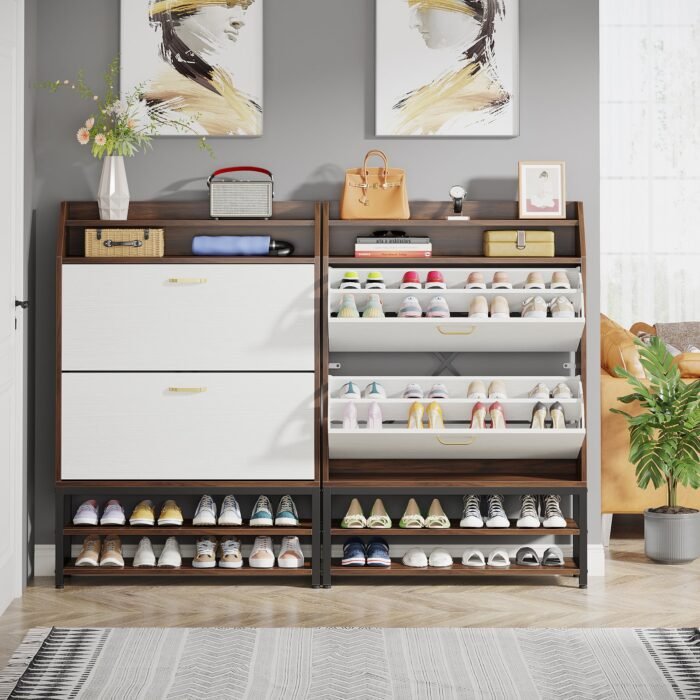 Shoe Cabinet, Freestanding Shoe Organizer with 2 Flip Drawers & Shelves - Image 5