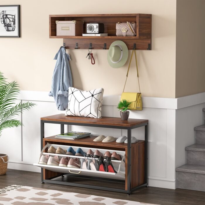 Coat Rack Shoe Bench Set, Hall Tree Shoe Rack with Flip Drawer - Image 5