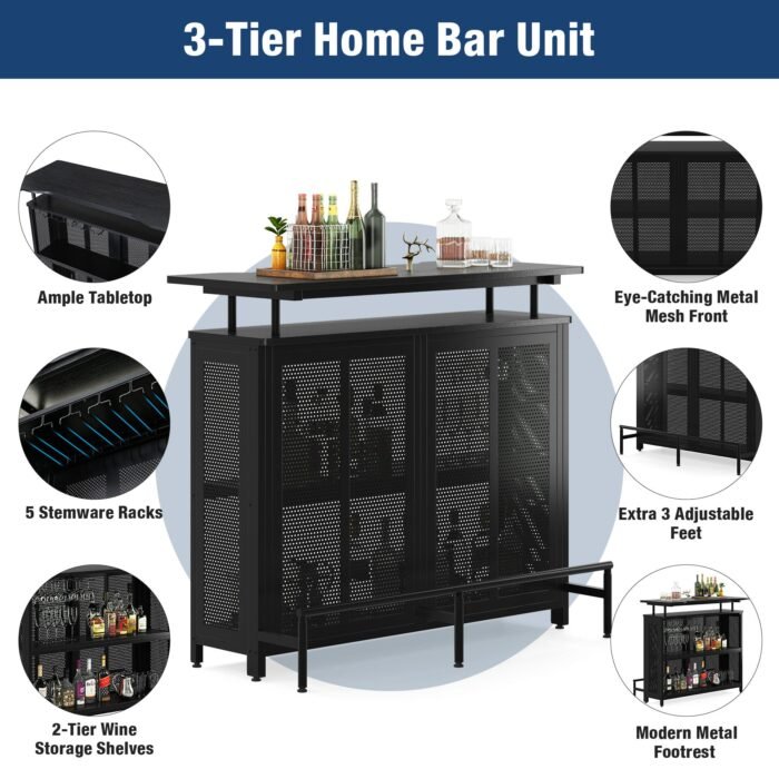 Bar Unit, 3 Tier Liquor Home Bar Table with Stemware Racks - Image 7