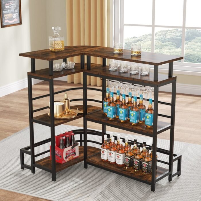 Bar Unit, L-Shaped Liquor Bar Table with 4 Tier Shelves & 4 Glass Holders - Image 4