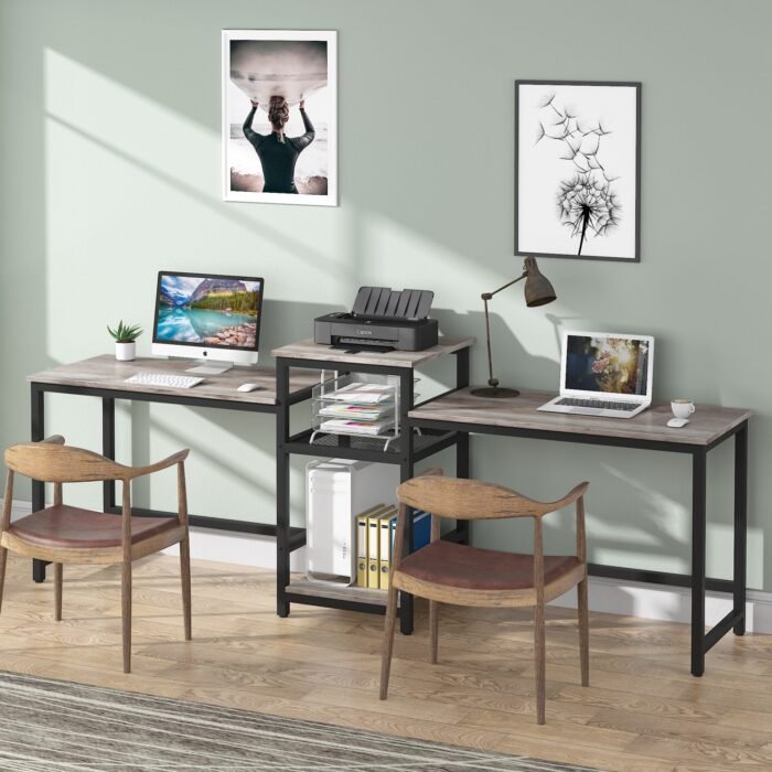 Two Person Desk, 96.9? Double Computer Desk with Storage Shelves - Image 13