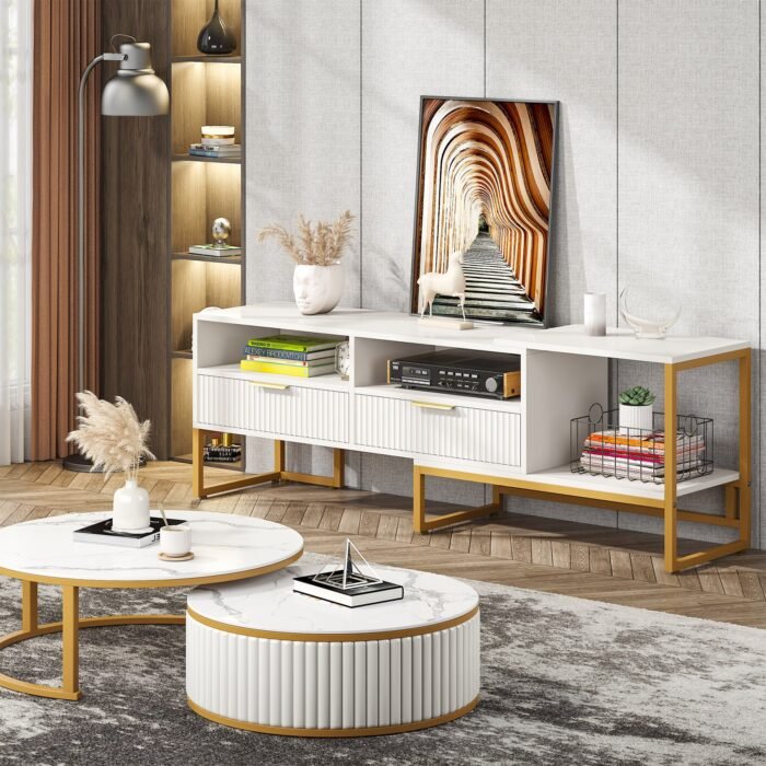TV Stand, 63? Media Console with 2 Drawers and Shelves - Image 6