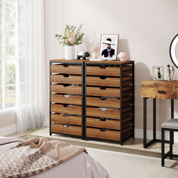 7 Drawer Chest, Industrial Storage Dresser Cabinet with Metal Legs - Image 5