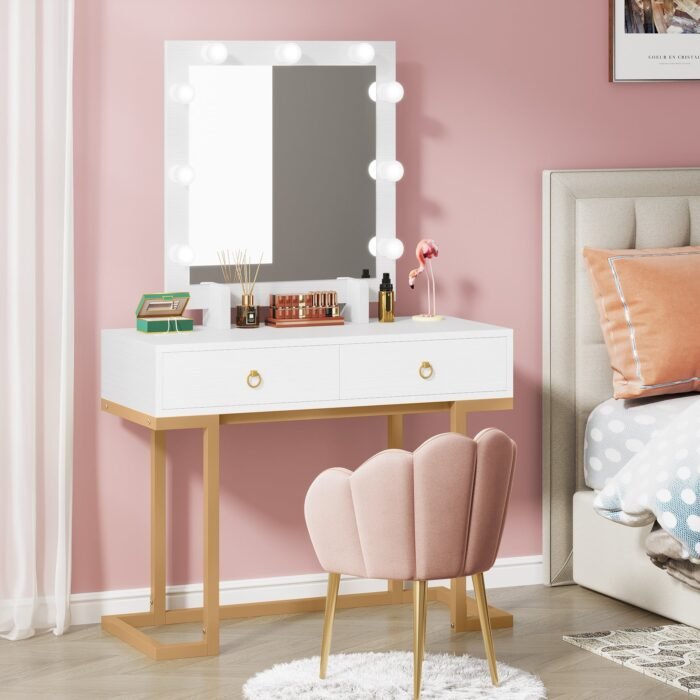 Vanity, Modern Makeup Table with 2 Storage Drawers & Lighted Mirror - Image 4