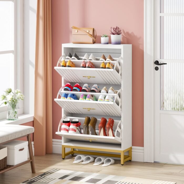 Shoe Cabinet, Modern Shoe Organizer with 3 Flip Drawers & 2 Hanging Hooks - Image 5
