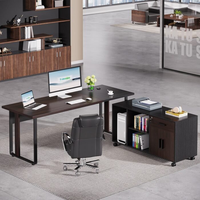 70.8? Executive Desk with 47? Mobile File Cabinet, L Shaped Computer Desk - Image 4