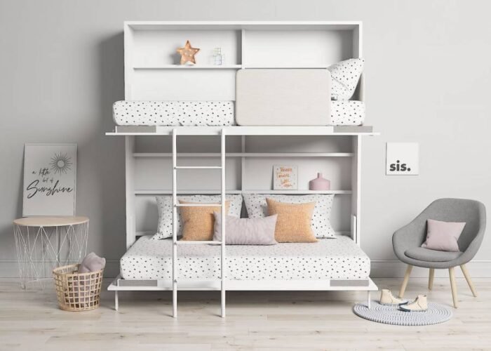 Horizontal folding bunk bed 90x190 with ladder shelf and protector - Image 1