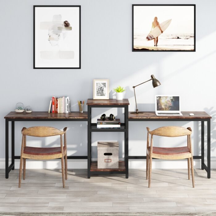 Two Person Desk, 96.9? Double Computer Desk with Storage Shelves - Image 5