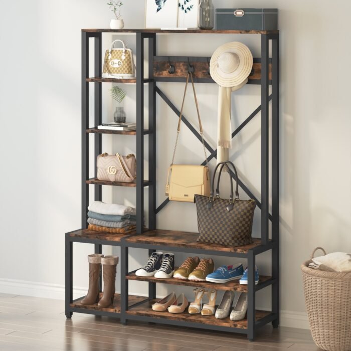 Coat Rack Shoe Bench, 4-in-1 Entryway Hall Tree with Shelves - Image 4