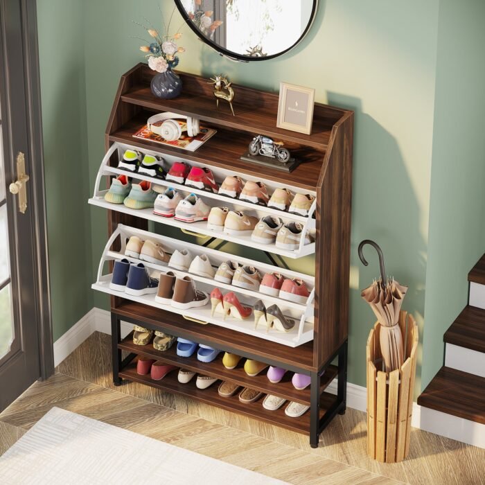 Shoe Cabinet, Freestanding Shoe Organizer with 2 Flip Drawers & Shelves - Image 6