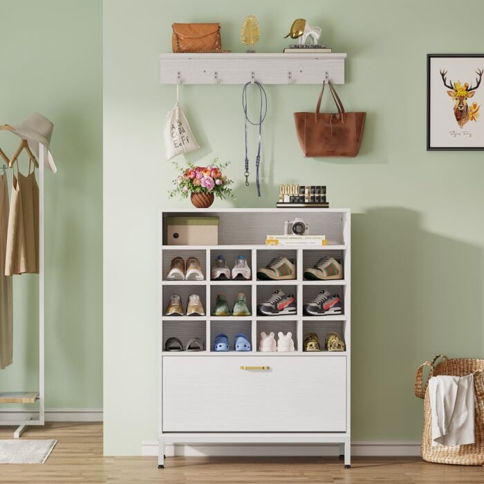 Shoe Cabinet, 3-in-1 Shoe Rack with Coat Rack & Flip Door - Image 5