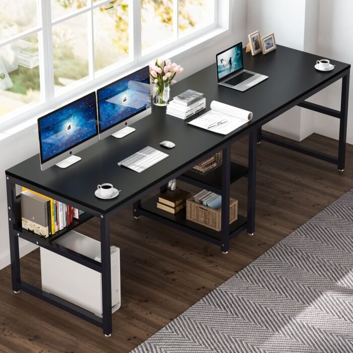 Two Person Desk, Computer Desk Double Workstation with Shelves - Image 5