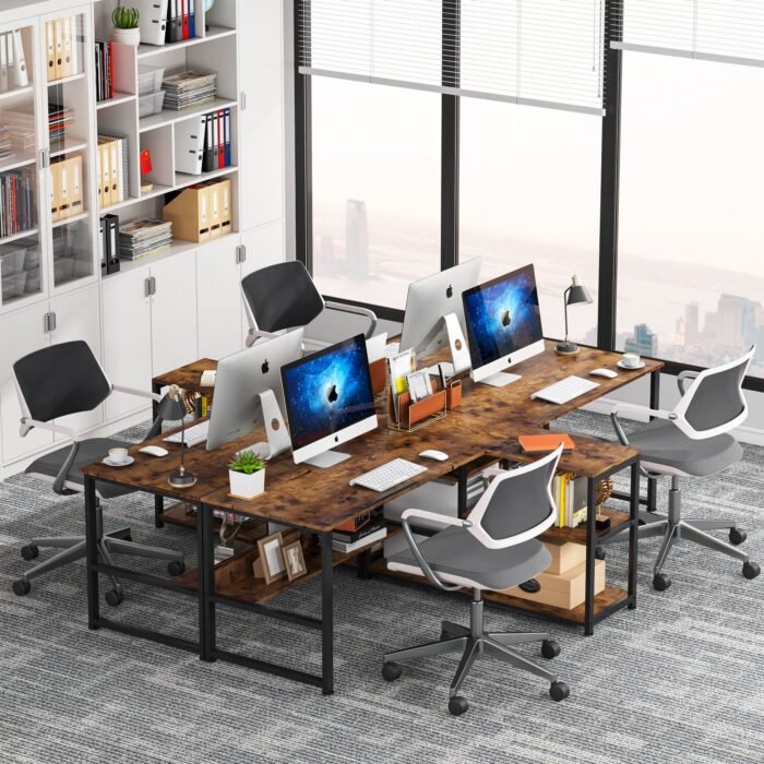 Two Person Desk, 94.5?Computer Desk with Shelves and Tiltable Tabletop - Image 6