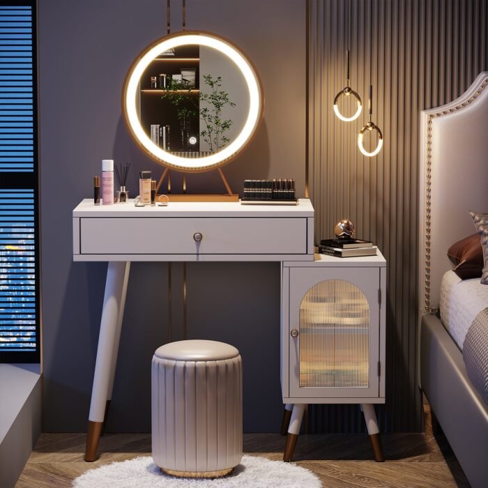 Vanity, Makeup Dressing Table with Drawer and Storage Cabinet - Image 4