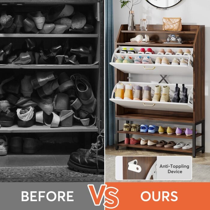 Shoe Cabinet, Freestanding Shoe Organizer with 2 Flip Drawers & Shelves - Image 7