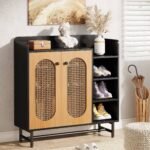 Shoe Cabinet, Rattan Shoe Storage Organizer with Doors & Open Shelves - Image 6