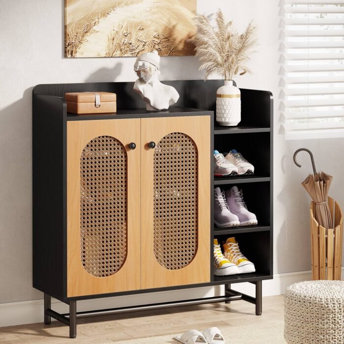 Shoe Cabinet, Rattan Shoe Storage Organizer with Doors & Open Shelves - Image 6