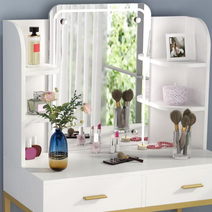 Vanity, Large Dressing Table Desk with Cushioned Stool - Image 6