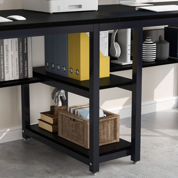 Two Person Desk, Computer Desk Double Workstation with Shelves - Image 7