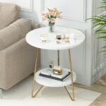 End Table, 2 Tier Round Sofa Bedside Table with Shelves - Image 4
