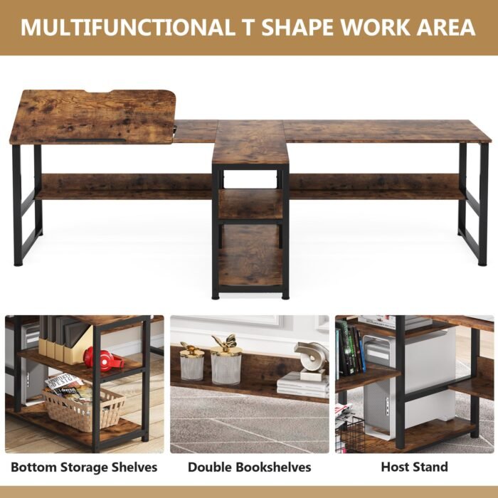 Two Person Desk, 94.5?Computer Desk with Shelves and Tiltable Tabletop - Image 7