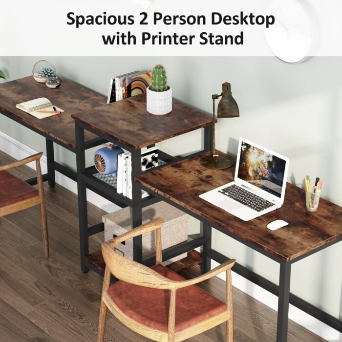 Two Person Desk, 96.9? Double Computer Desk with Storage Shelves - Image 6