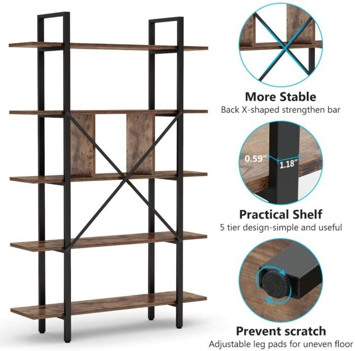 Bookshelf, 5-Tier Industrial Bookcase Display Storage Shelf - Image 6