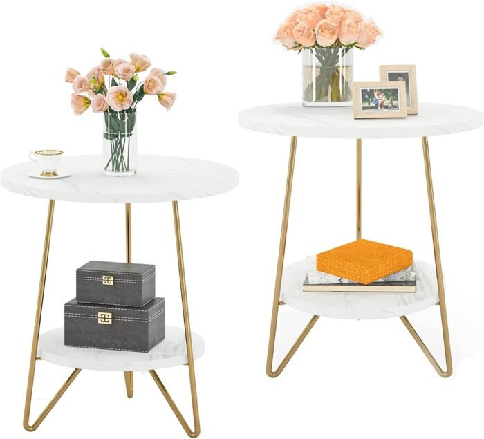 End Table, 2 Tier Round Sofa Bedside Table with Shelves - Image 8