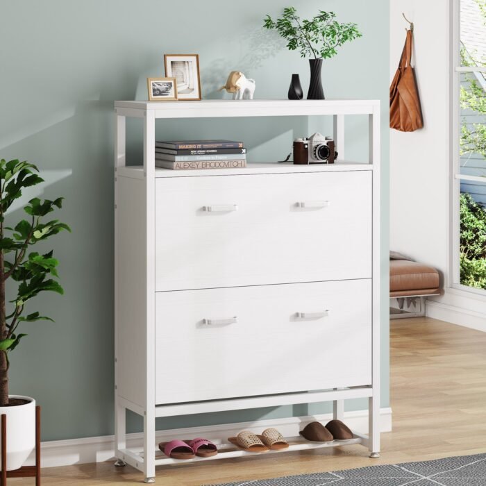 Shoe Cabinet, Tipping Bucket Shoe Storage Rack with Open Shelves - Image 4