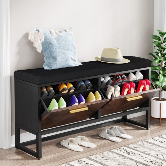 Shoe Bench, 2 Flip Drawers Shoe Rack Organizer with Adjustable Shelves - Image 1