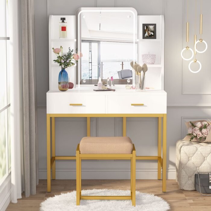 Vanity, Large Dressing Table Desk with Cushioned Stool - Image 1