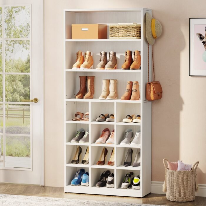 Shoe Cabinet, Freestanding Shoe Rack with Side Hooks - Image 1