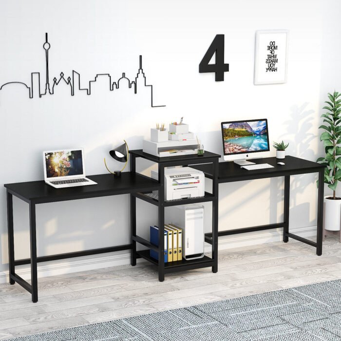 Two Person Desk, 96.9? Double Computer Desk with Storage Shelves - Image 11