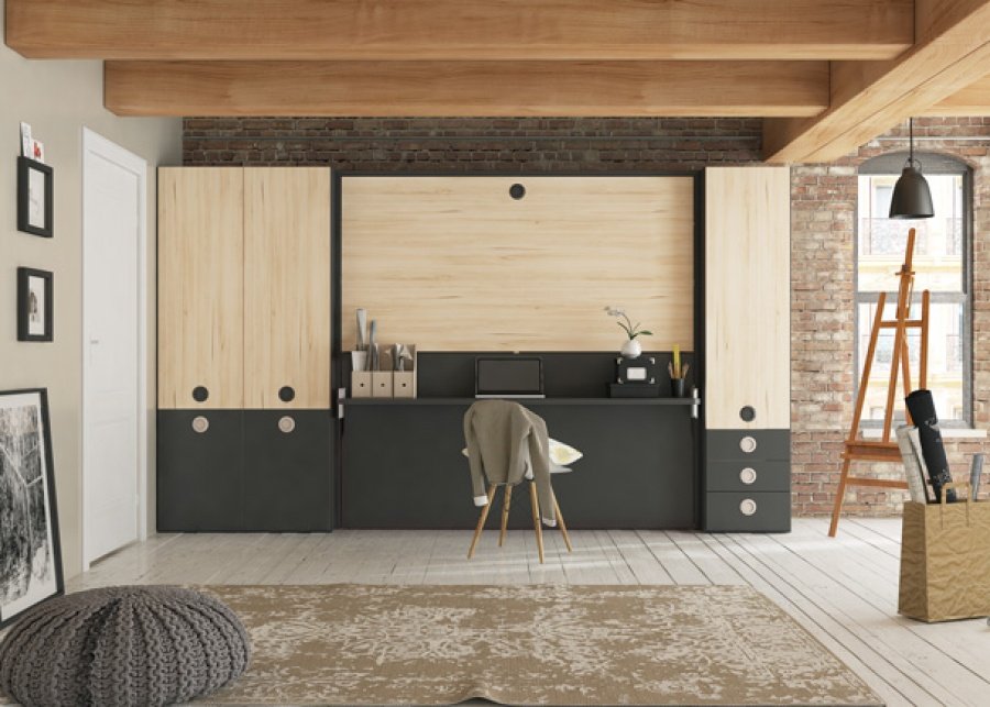 6616-habitacion-infantil-equipada-con-unas-literas-abatibles-de-90x190-1.jpg Folding bunk bed with table in front and cupboards - Image 1