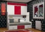 Youth bedroom with fixed bed with drawers and upper folding bed.