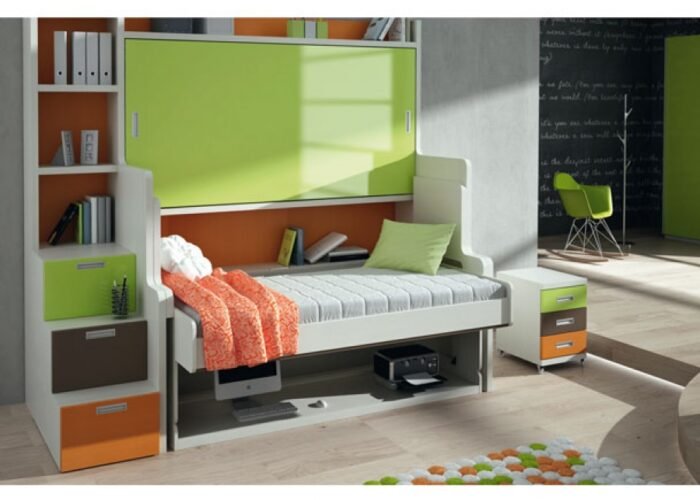 Children's bedroom with fold-down bunk bed. The front of the lower bed includes a folding desk. - Image 1