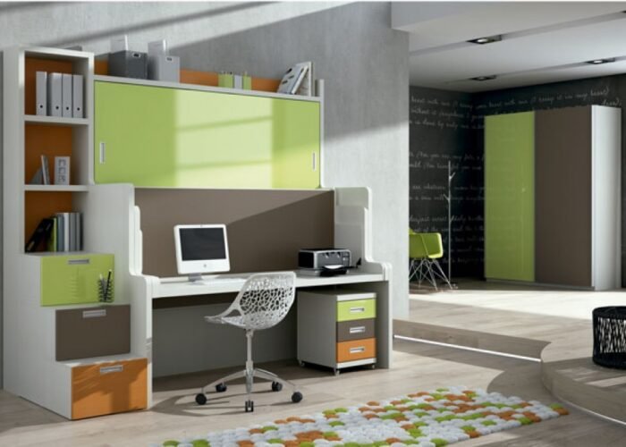 Children's bedroom with fold-down bunk bed. The front of the lower bed includes a folding desk. - Image 2