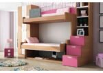 Children's bedroom with a high, free-standing, fold-down bunk bed with a desk below.