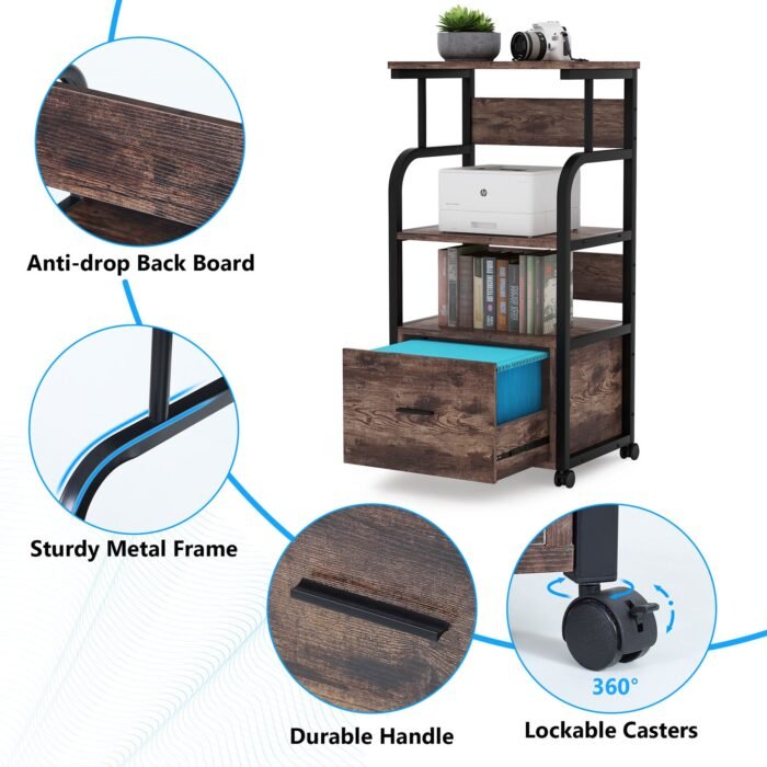 File Cabinet, 3 Tier Mobile Printer Stand with Legal Size Drawer - Image 6