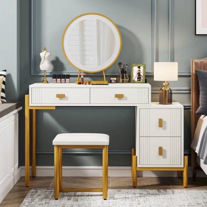 Vanity, Makeup Dressing Table with 3-Color Touch Screen Lighted Mirror - Image 11