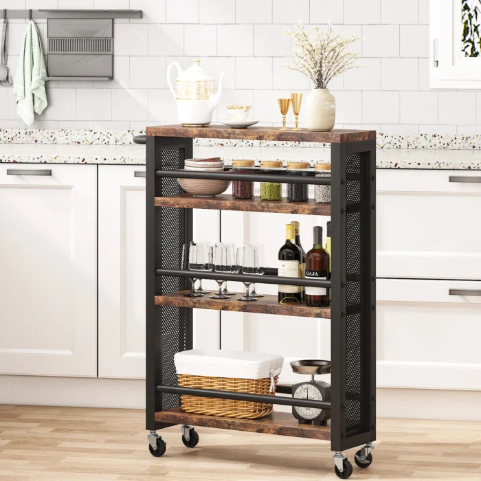 Slim Kitchen Cart, 4-Tier Storage Rolling Cart with Handle - Image 1