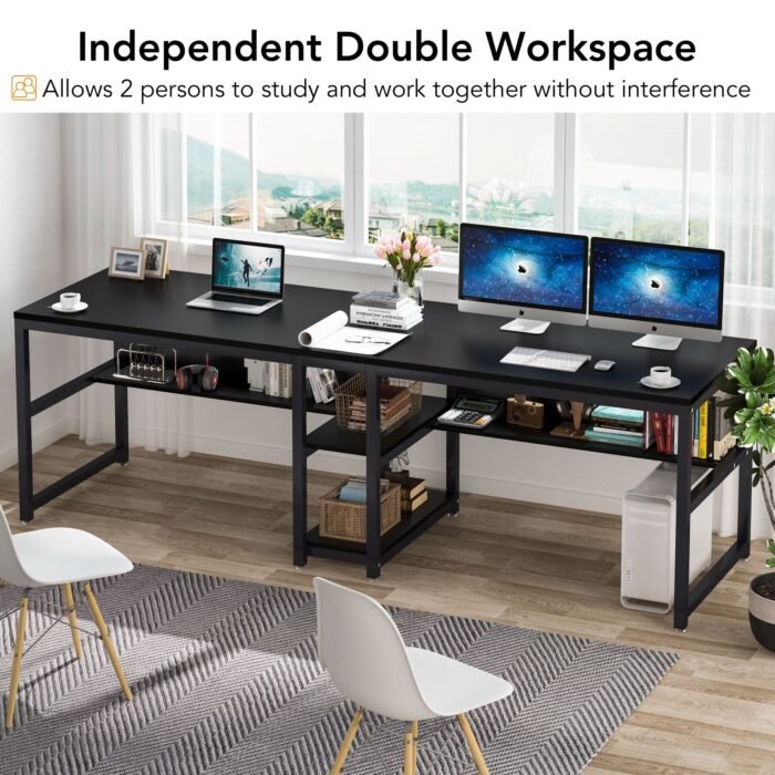 Two Person Desk, Computer Desk Double Workstation with Shelves - Image 6