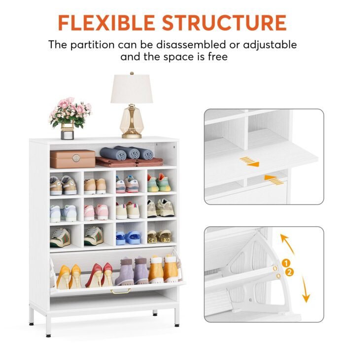 Shoe Cabinet, 3-in-1 Shoe Rack with Coat Rack & Flip Door - Image 6