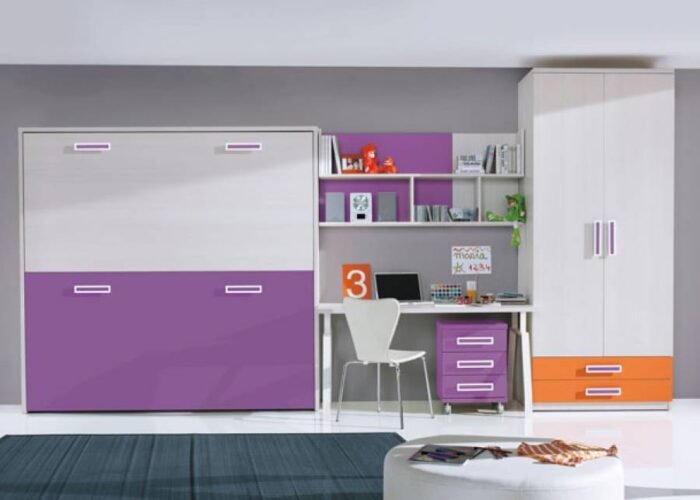 Children's bedroom equipped with folding bunk beds, a desk and a two-door wardrobe with visible drawers.Children's bedroom equipped with folding bunk beds, a desk and a two-door wardrobe with visible drawers. - Image 1